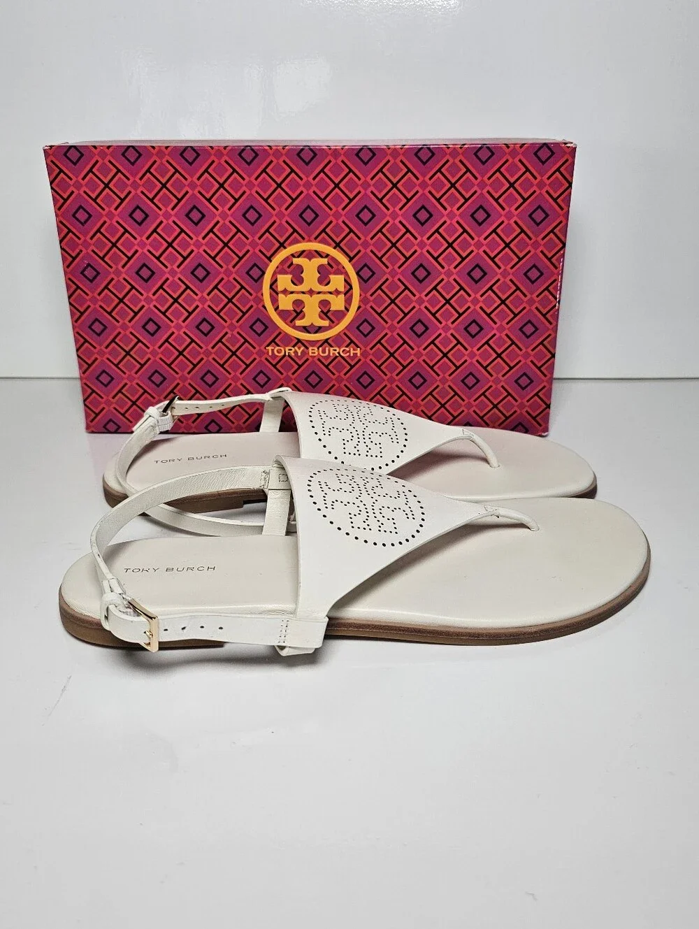 Tory Burch Capri Perf Leather Sandal Light Cream Size 10.5 NIB